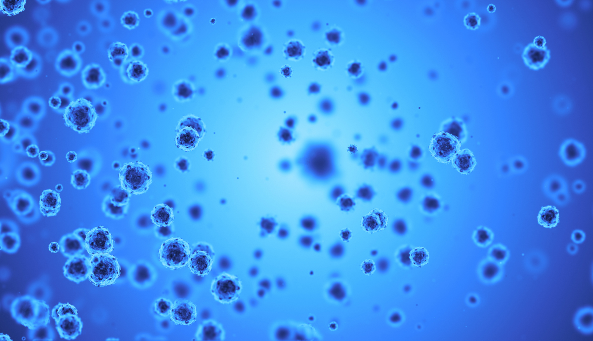 Alt text: Blue microscopic cells on a light blue background, scientific medical research concept image
