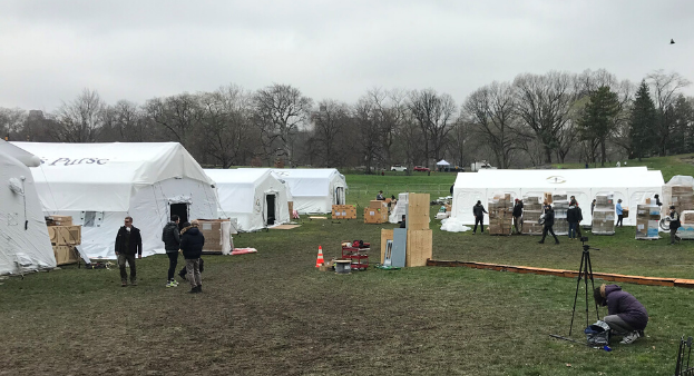 Emergency tents in a field