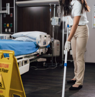 Woman cleaning hospital room floor with mop while patient sleeps in bed, caution sign visible
