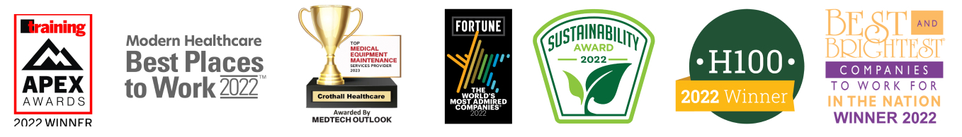 Award logos for Crothall Healthcare: Training Magazine APEX Awards 2022 Winner, Modern Healthcare Best Places to Work 2022, Medical Equipment Management Award by MedTech Outlook, Fortune World's Most Admired Companies 2022, Sustainability Award 2022, H100 2022 Winner, and Best and Brightest Companies to Work For in the Nation Winner 2022.