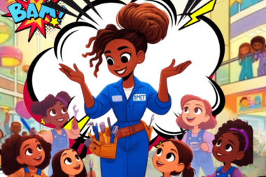 Excited diverse kids surround cheerful woman EMT worker in cartoon style illustration