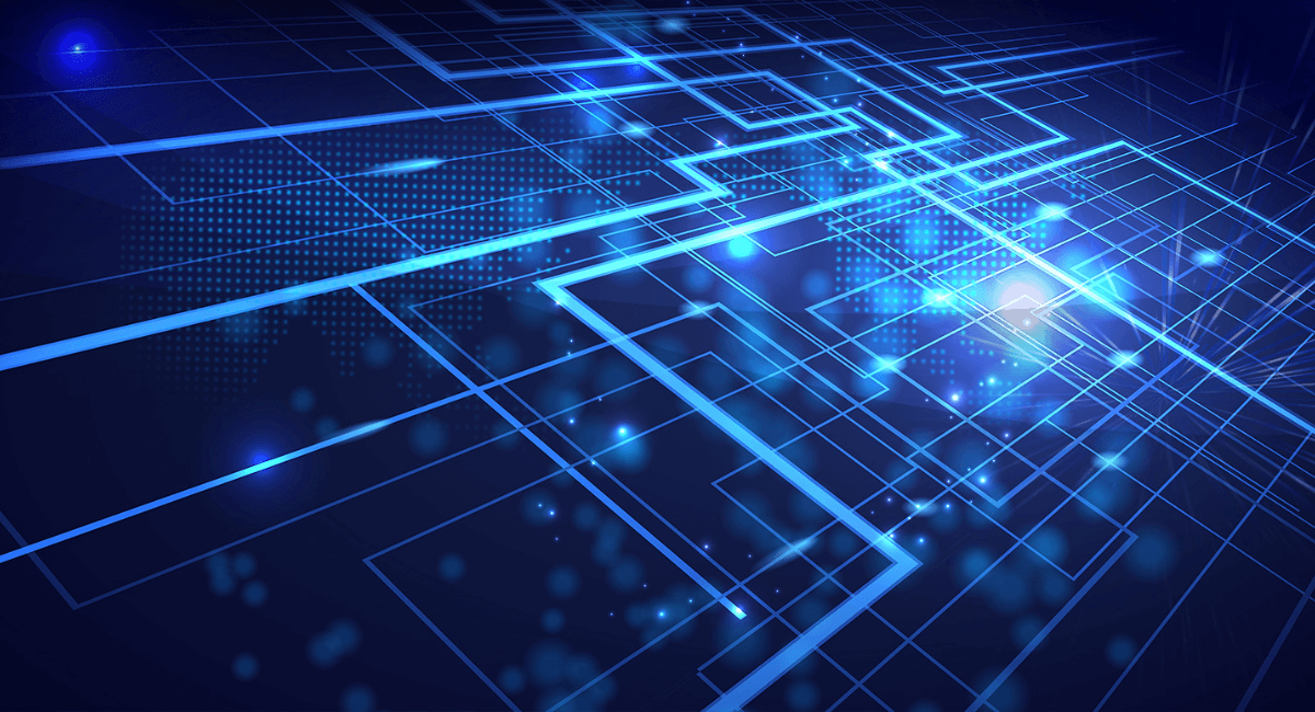 Abstract digital technology background with glowing blue grid lines and geometric shapes